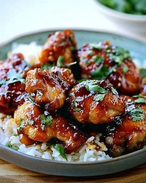 Plate of easy soy garlic chicken thighs garnished with green onions