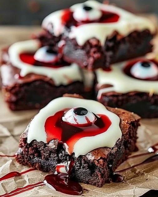 Spooky eyeball brownies decorated with candy eyes for Halloween