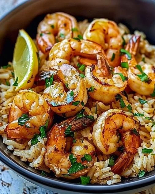 Delicious Garlic Butter Shrimp served with fluffy rice on a plate