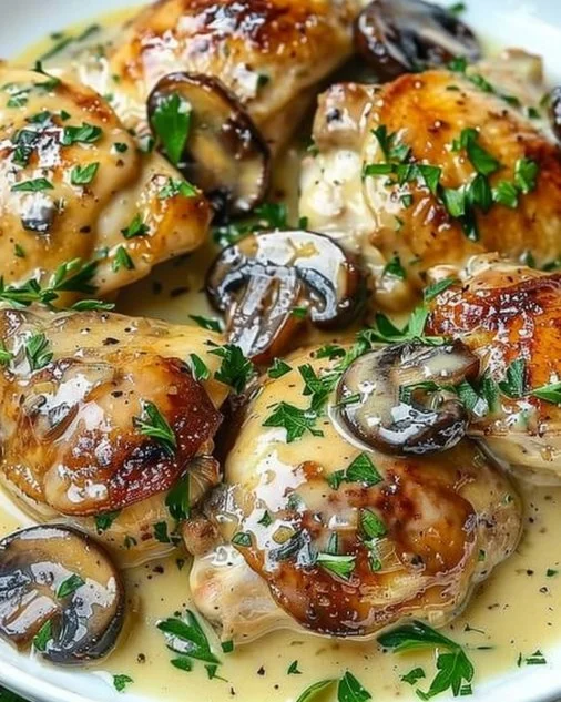 Delicious Garlic Mushroom Chicken Thighs garnished with herbs