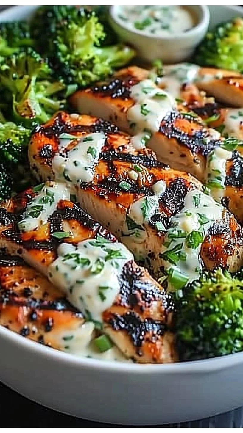 Grilled chicken and broccoli bowl with creamy garlic sauce on a plate