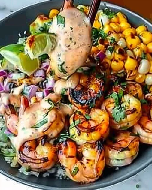 Grilled Shrimp Bowl with Corn Salsa & Creamy Sauce 2 Delicious grilled shrimp bowl with corn salsa and creamy sauce