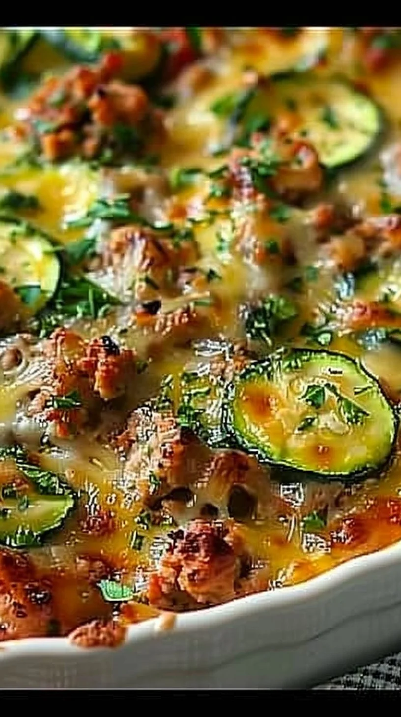 Ground Turkey Zucchini Casserole - Easy Dinner Ideas 2 Ground Turkey Zucchini Casserole served in a dish, garnished and ready to eat.