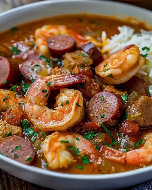 A delicious bowl of gumbo filled with seafood and spices, served with rice.