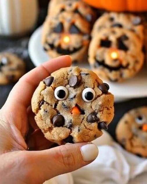 Delicious Halloween chocolate chip cookies decorated for the holiday