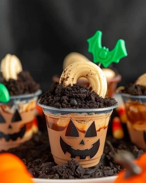Delicious Halloween Dirt Cups with spooky decorations and gummy worms