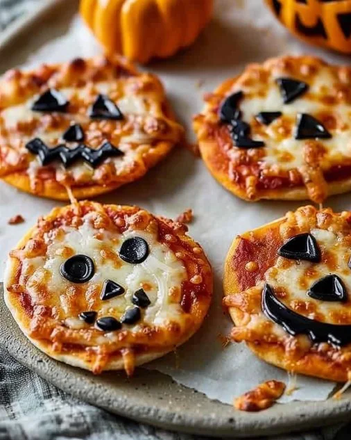 Halloween Mini Pizzas 2 Halloween mini pizzas decorated with spooky toppings for festive celebrations.