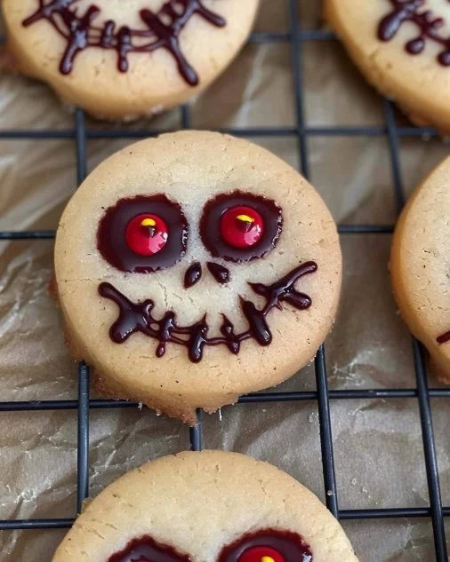 Decorated Halloween thumbprint cookies with spooky designs and vibrant colors