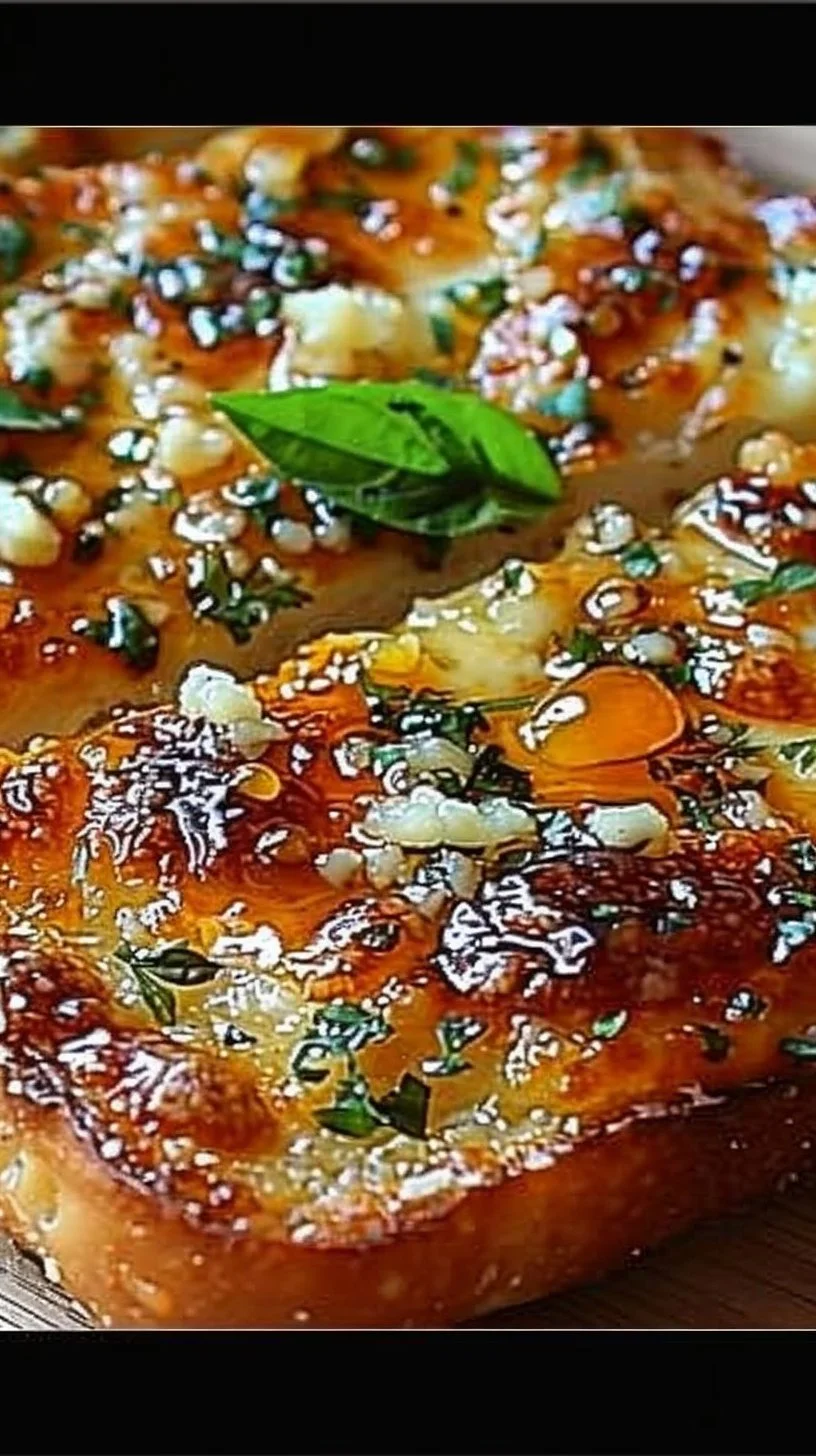 Deliciously baked honey garlic bread pizza topped with herbs and melted cheese
