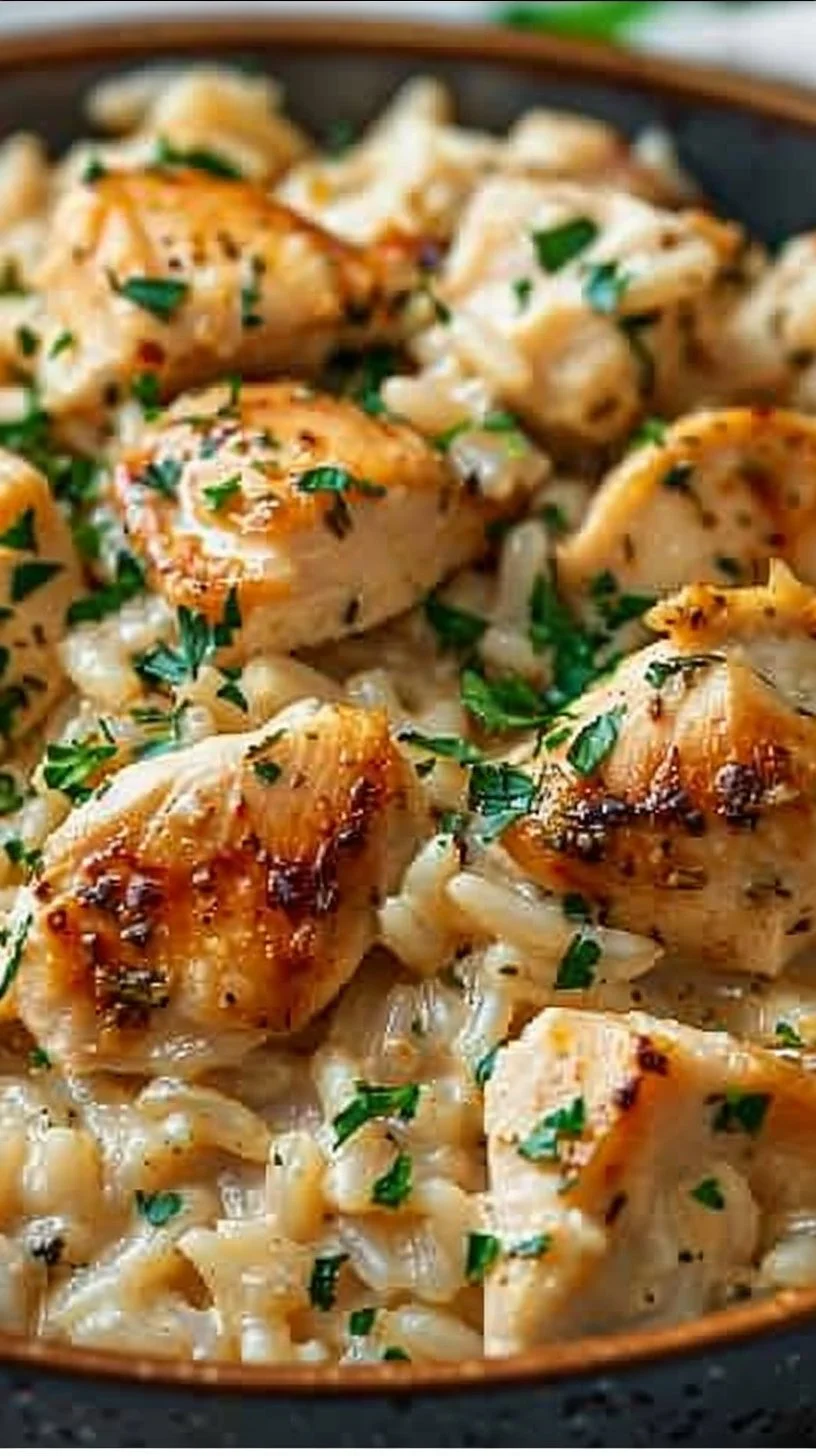 Instant Pot Creamy Chicken and Rice Recipe 2 A bowl of creamy chicken and rice made in an Instant Pot, garnished with herbs