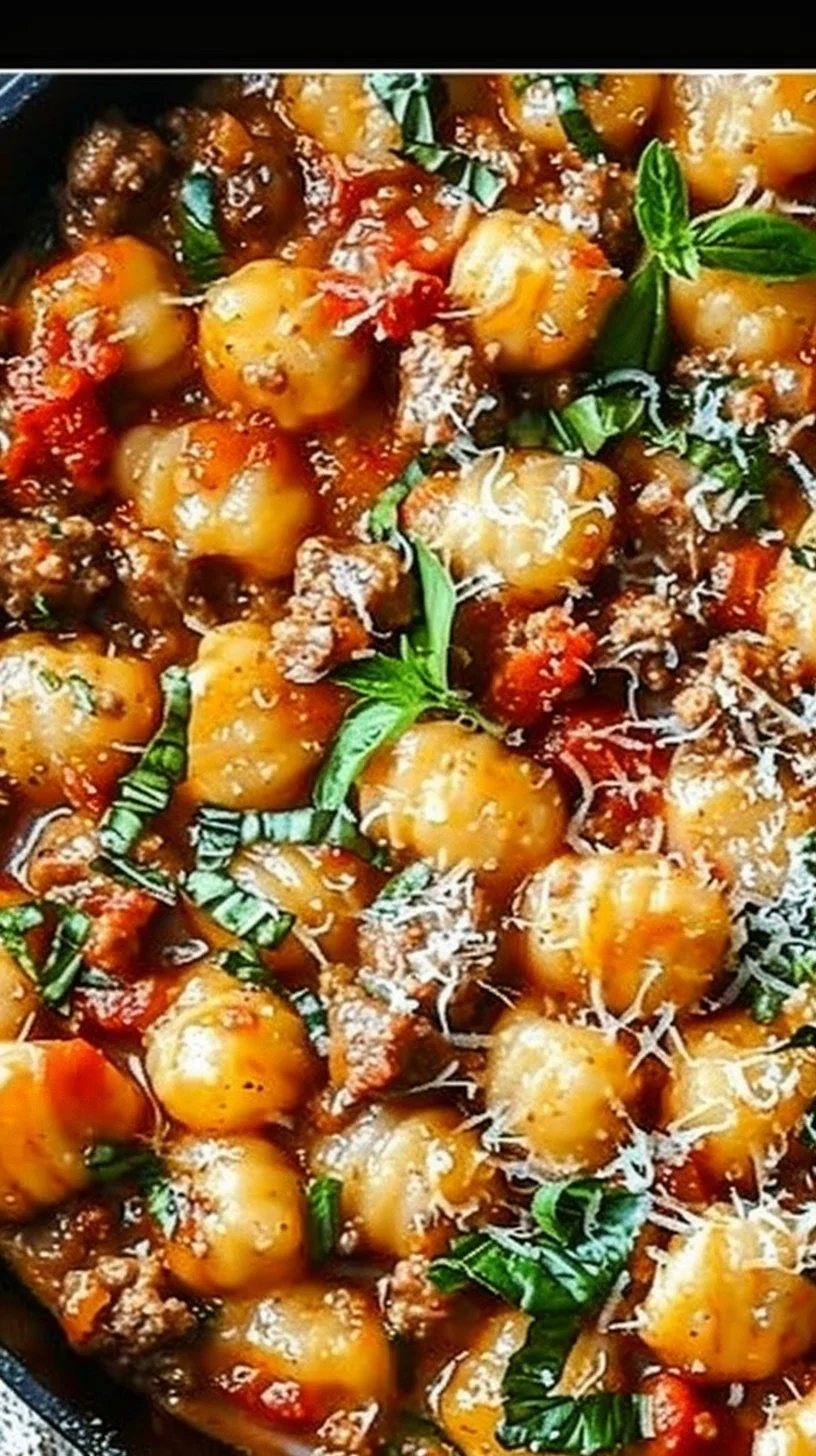 Italian Sausage Gnocchi Skillet with vegetables and herbs in a pan