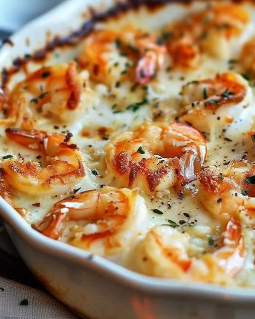 Delicious Keto Garlic Shrimp Au Gratin served in a dish