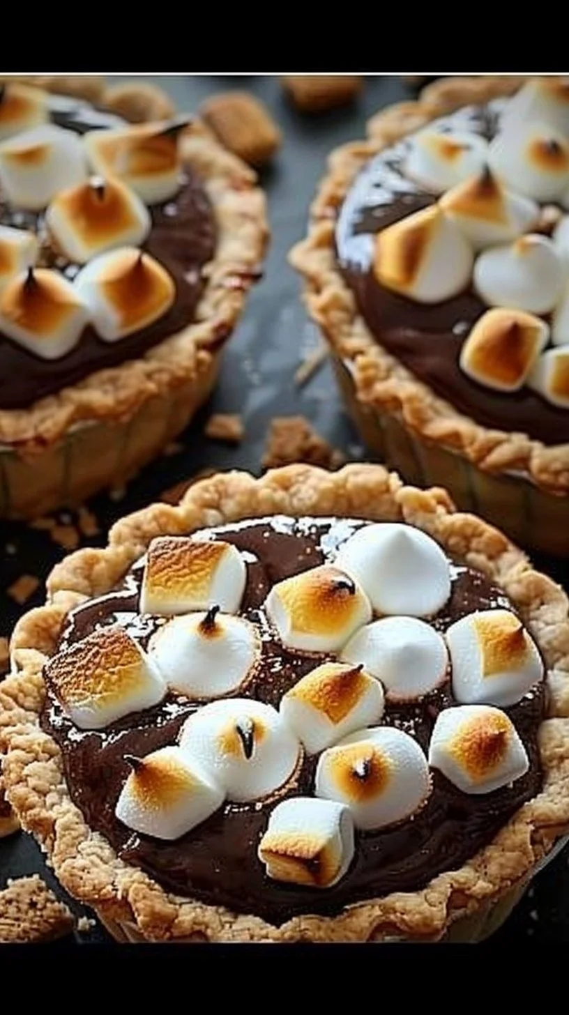 Mini S'more Pies with chocolate and marshmallow filling on a graham cracker crust