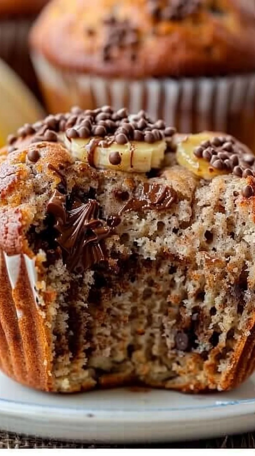 Nutella Banana Muffins 2 Freshly baked Nutella Banana Muffins topped with chocolate spread and banana slices