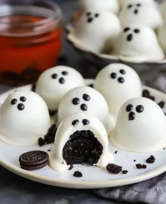 Delicious Oreo Ghost Truffles decorated for Halloween