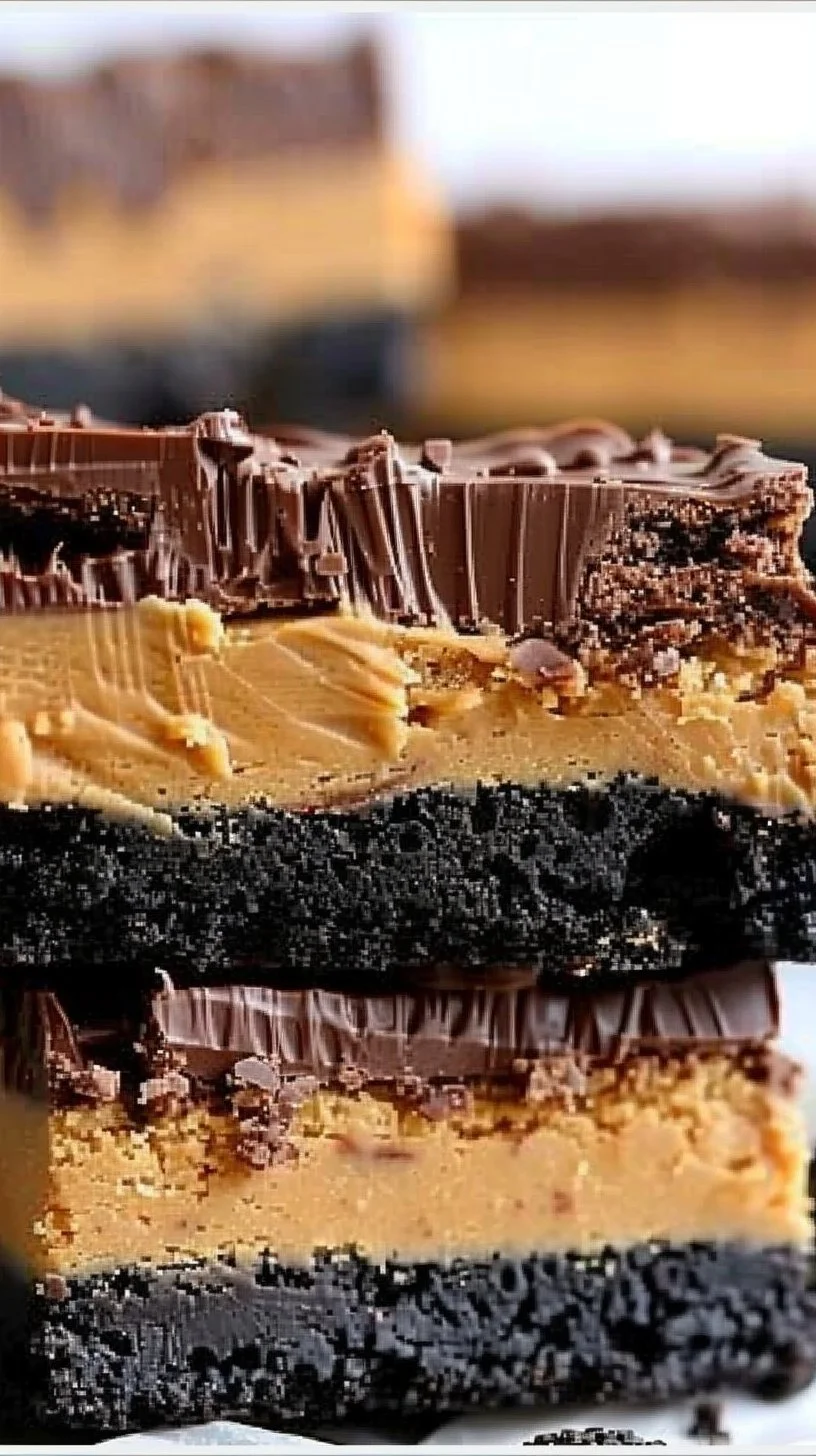 Oreo Peanut Butter Bars topped with crushed Oreos and drizzled chocolate.