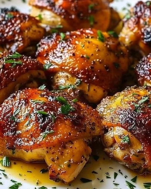 Oven Baked Chicken Thighs 2 Oven baked chicken thighs garnished with herbs on a plate
