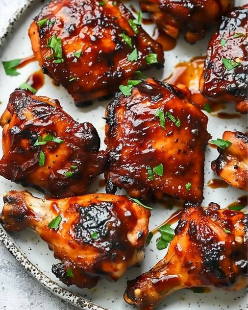 Oven BBQ chicken thighs with caramelized sauce and herbs on a plate