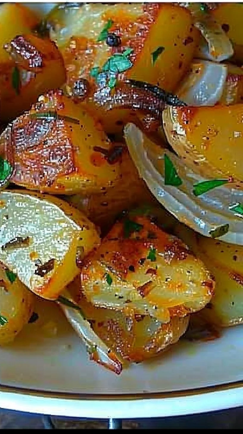 Oven Fried Potatoes & Onions 2 Oven fried potatoes and onions served as a delicious side dish