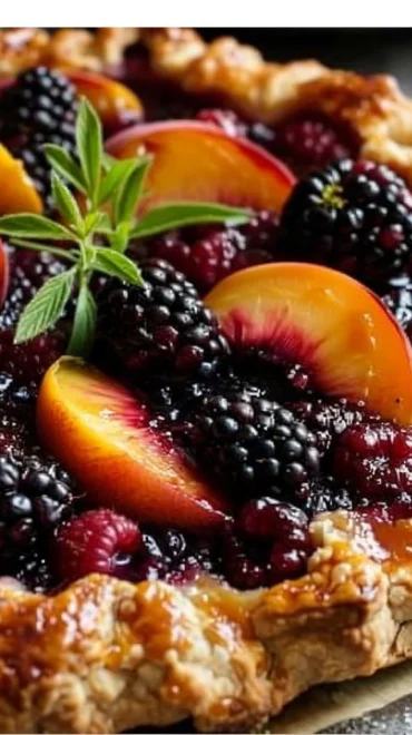 Delicious Peach Blackberry Galette fresh out of the oven with golden crust and vibrant fruit.