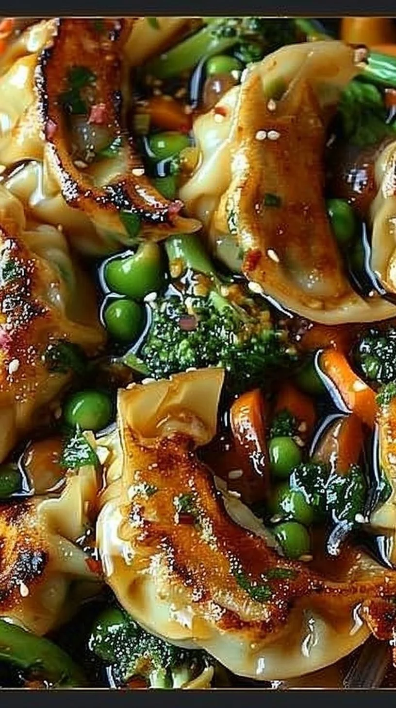 Delicious potsticker stir fry dish with colorful vegetables