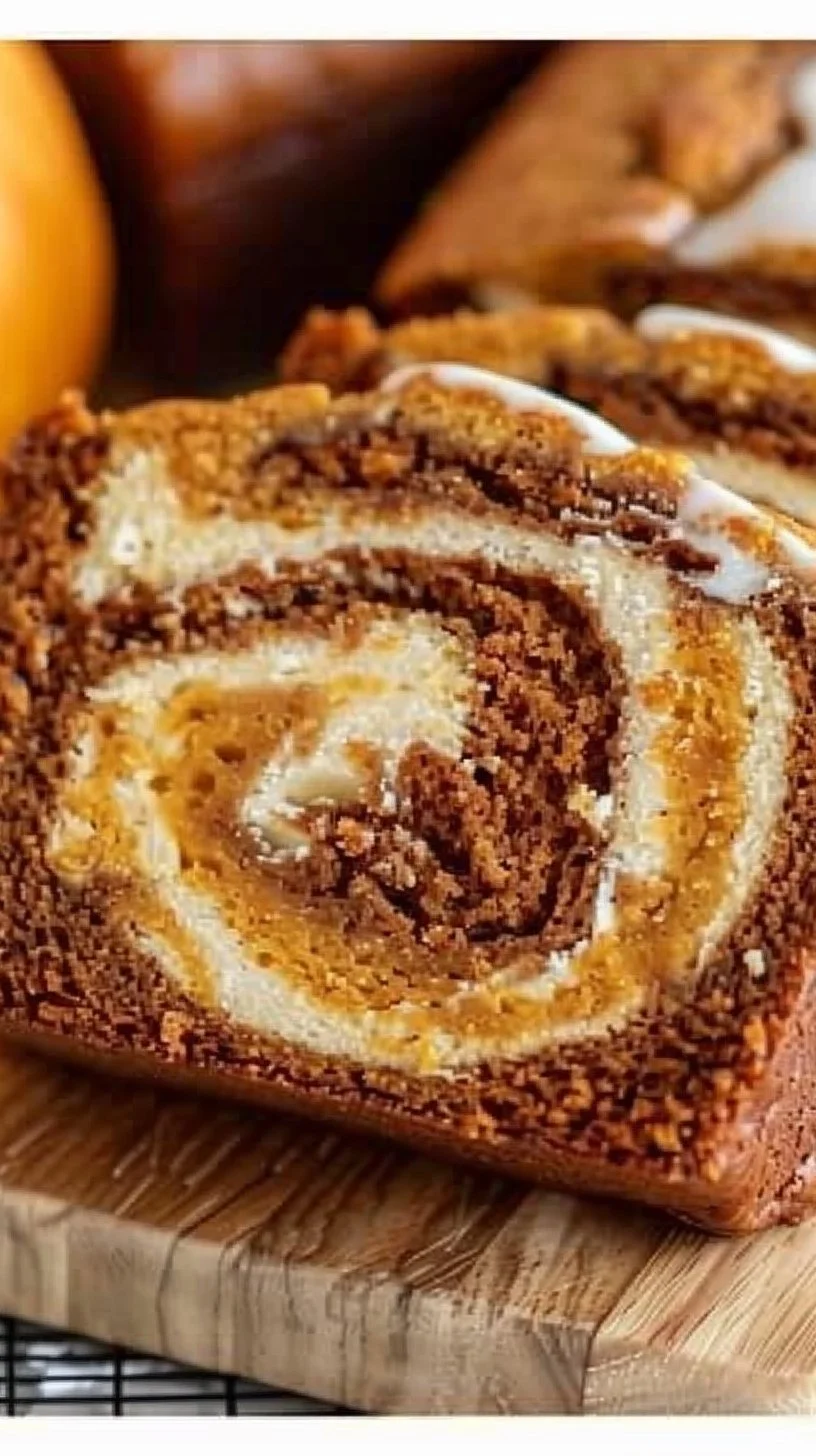 Pumpkin Bread with Cream Cheese Swirl Recipe 2 Slice of pumpkin bread with cream cheese swirl on a wooden table