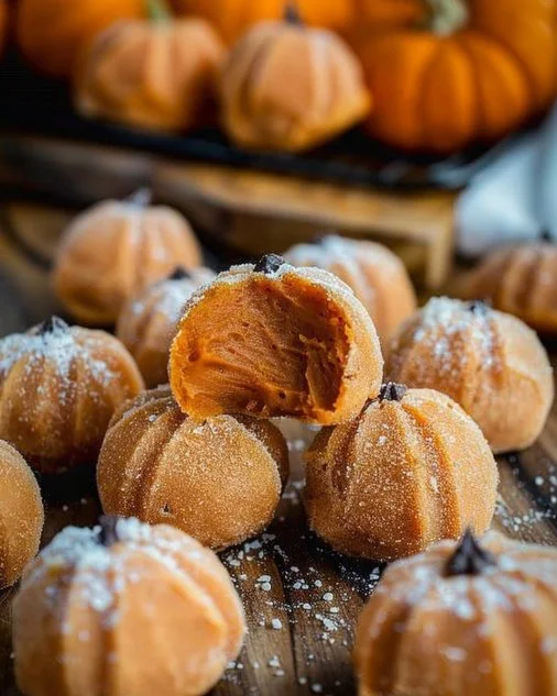 Pumpkin cheesecake truffles decorated with autumn spices and chocolate drizzle.