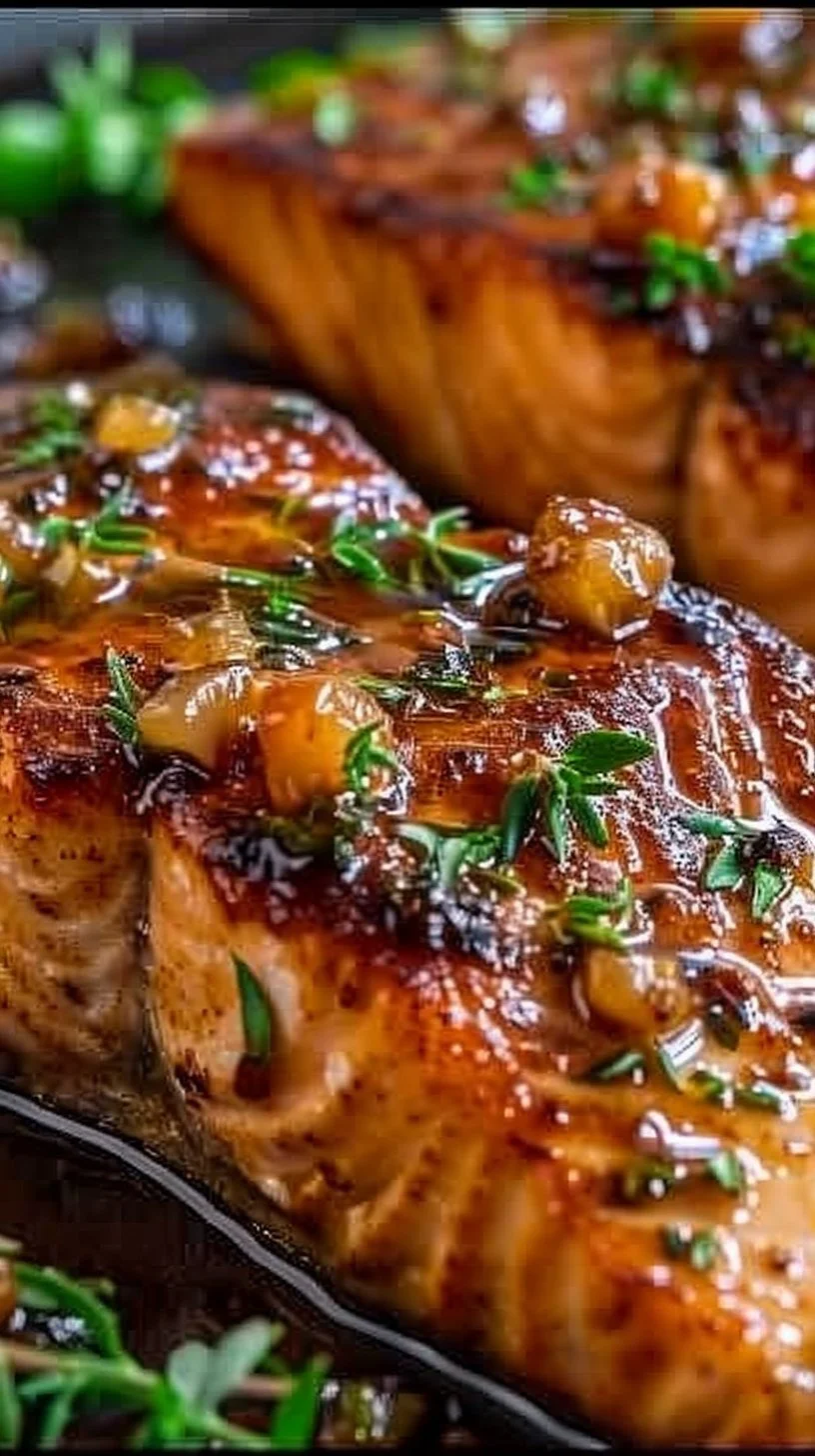 Delicious salmon fillet topped with brown sugar garlic glaze served on a plate.