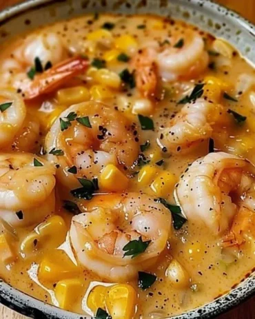 Bowl of shrimp and corn chowder garnished with herbs