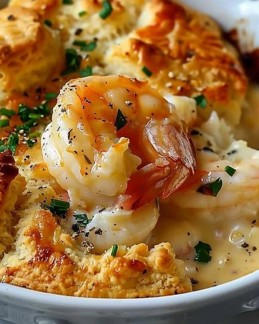 Shrimp & Lobster Cheddar Bay Biscuit Pot Pie served with a side salad