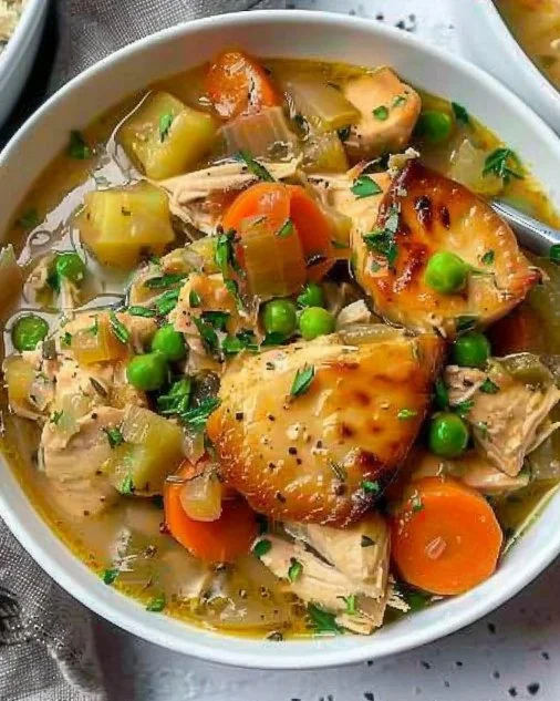 Hearty slow cooker chicken stew served in a bowl with vegetables