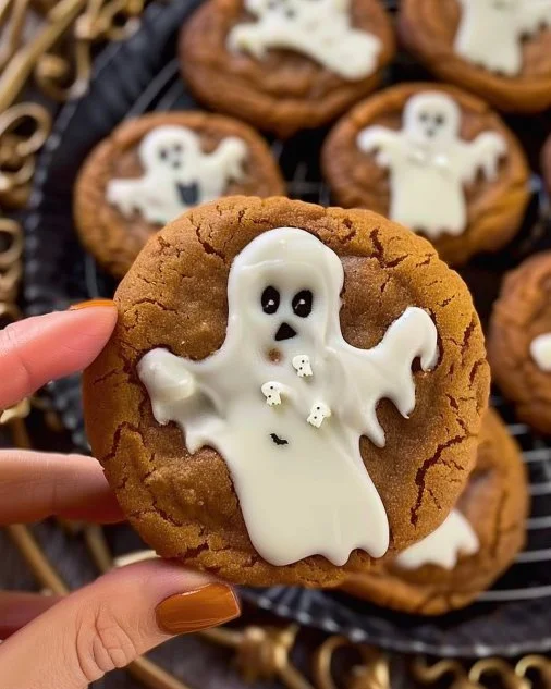 Spooky Ghost Brown Butter Pumpkin Cookies 2 Spooky ghost brown butter pumpkin cookies on a Halloween-themed plate