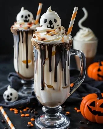 Spooky Ghostly Vanilla Milkshake with whipped cream and spooky decorations