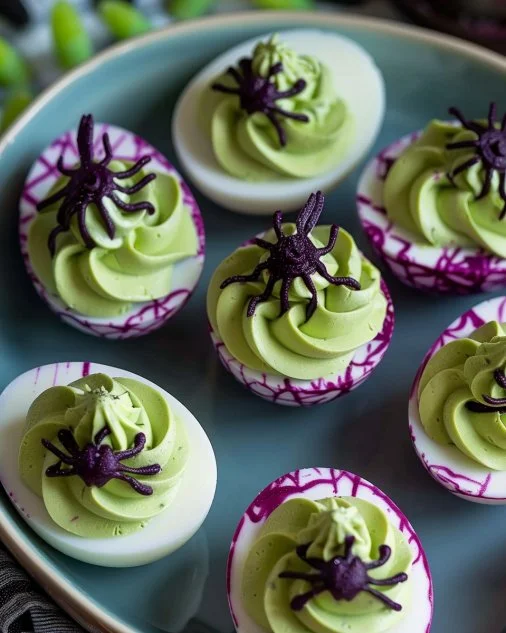 Spooky Halloween Deviled Eggs 2 Spooky Halloween deviled eggs decorated for a festive celebration