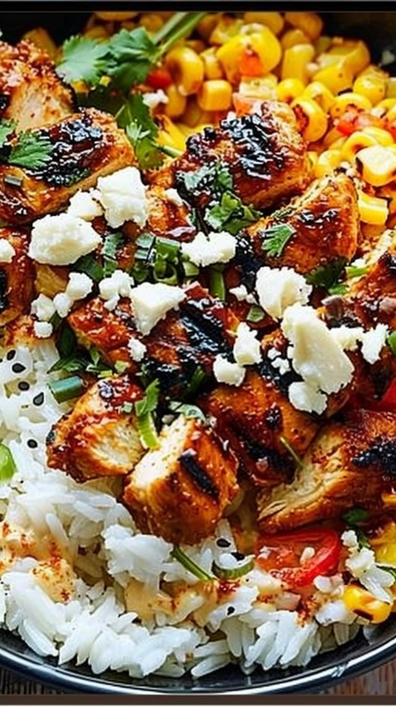 Street Corn Chicken Rice Bowl 2 Delicious Street Corn Chicken Rice Bowl with corn, chicken, and rice.