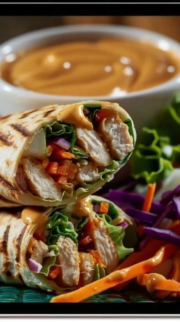 Thai Peanut Chicken wraps served on a plate with fresh vegetables