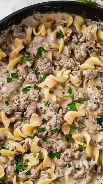 30-Minute Ground Beef Stroganoff 3 Delicious ground beef stroganoff served over pasta with creamy sauce