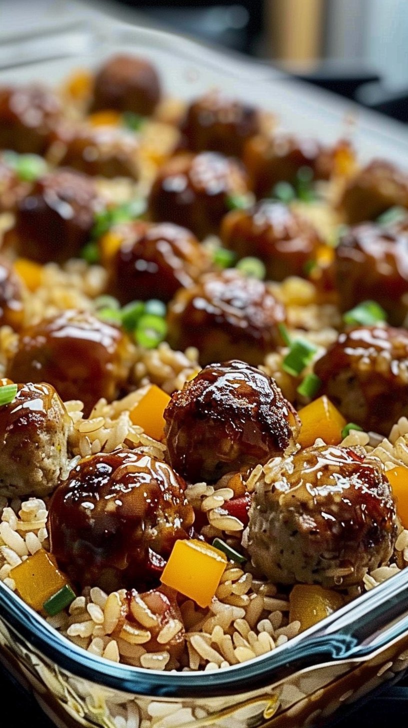 Honey Garlic Meatball Rice Bake