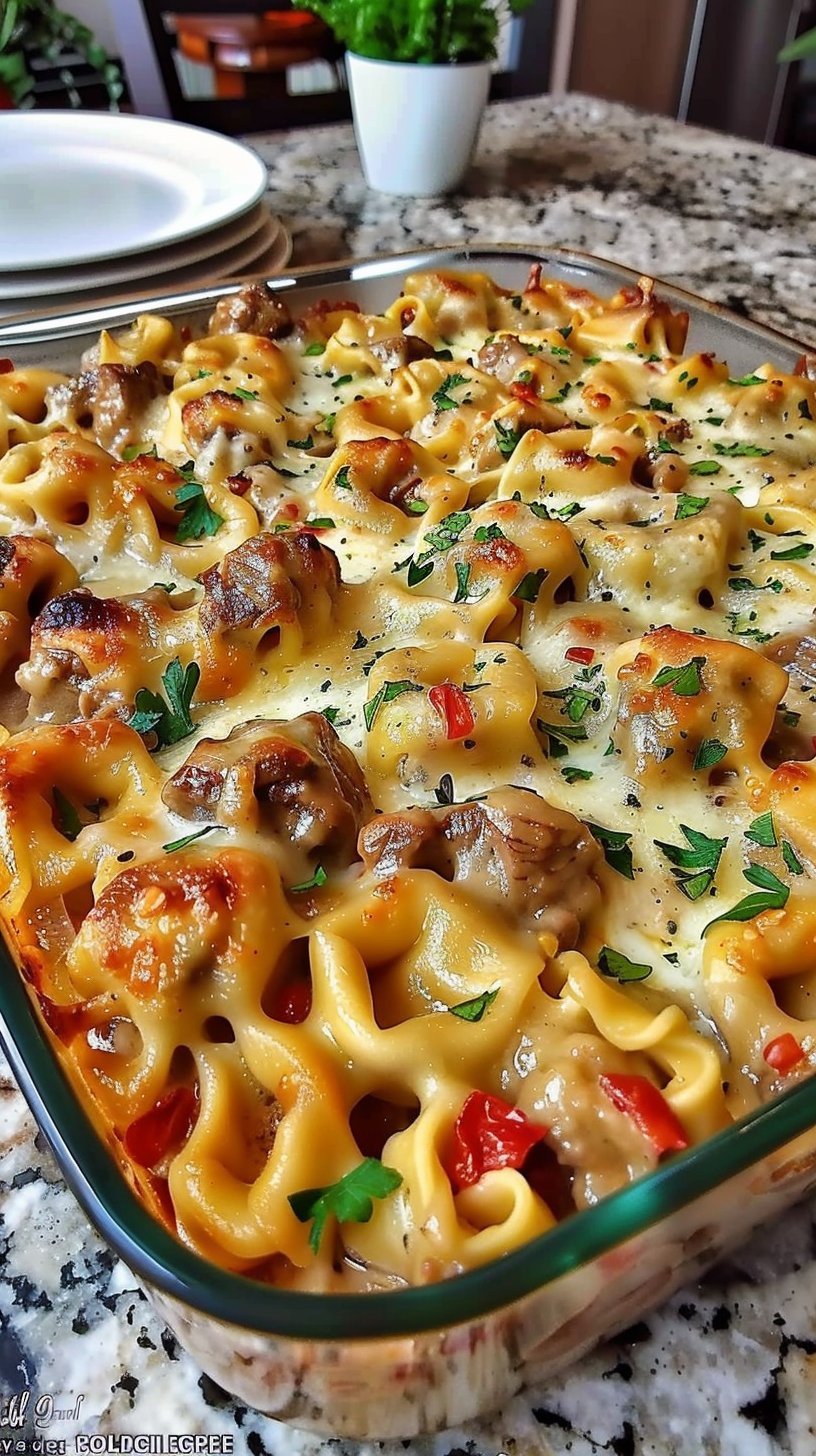 Golden Cheese Steak Tortellini Casserole