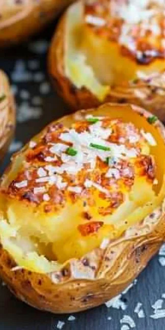 Air Fryer Baked Potatoes 3 Crispy air fryer baked potatoes served with toppings.