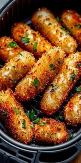 Air Fryer Mozzarella Sticks 3 Crispy air fryer mozzarella sticks served with marinara sauce