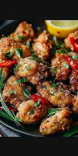 Air Fryer Salt and Pepper Chicken 3 Air fryer salt and pepper chicken served with fresh vegetables