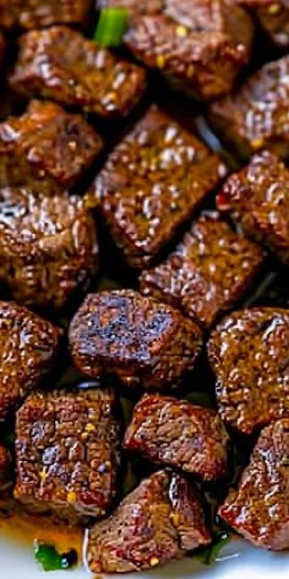 Plate of delicious air fryer steak bites cooked to perfection.