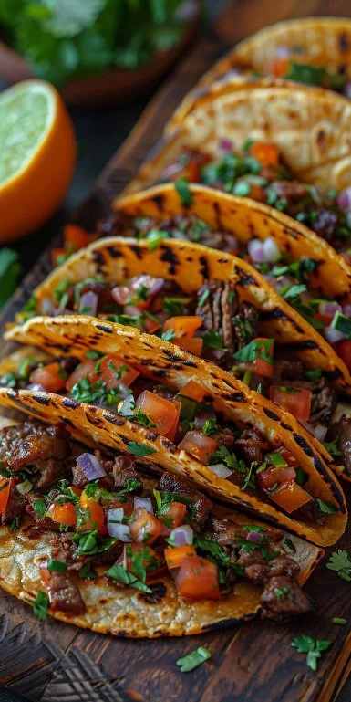 Delicious authentic birria tacos served with consommé and garnishes.
