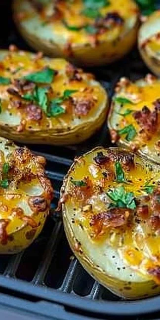 Baked Cheese Potatoes 3 Baked cheese potatoes topped with melted cheese and herbs in a ceramic dish