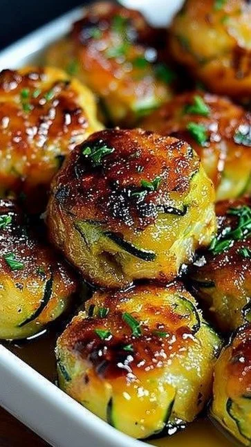 Baked zucchini fritters on a plate garnished with herbs