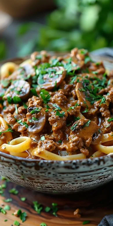 Delicious Beef Stroganoff served with egg noodles and garnished with parsley