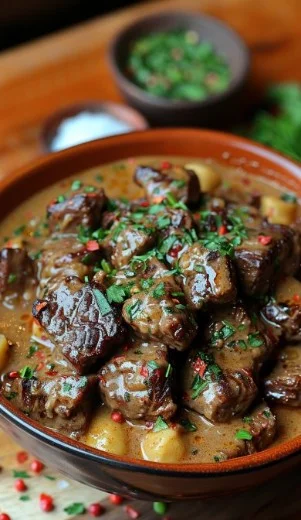 Delicious plate of homemade Beef Stroganoff served with egg noodles