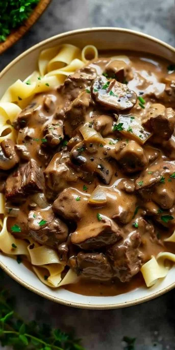 Delicious bowl of easy one-pot Beef Stroganoff with mushrooms and noodles