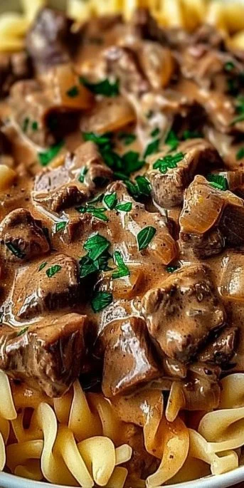 Beef Stroganoff with Egg Noodles 3 Creamy Beef Stroganoff with Egg Noodles served in a bowl